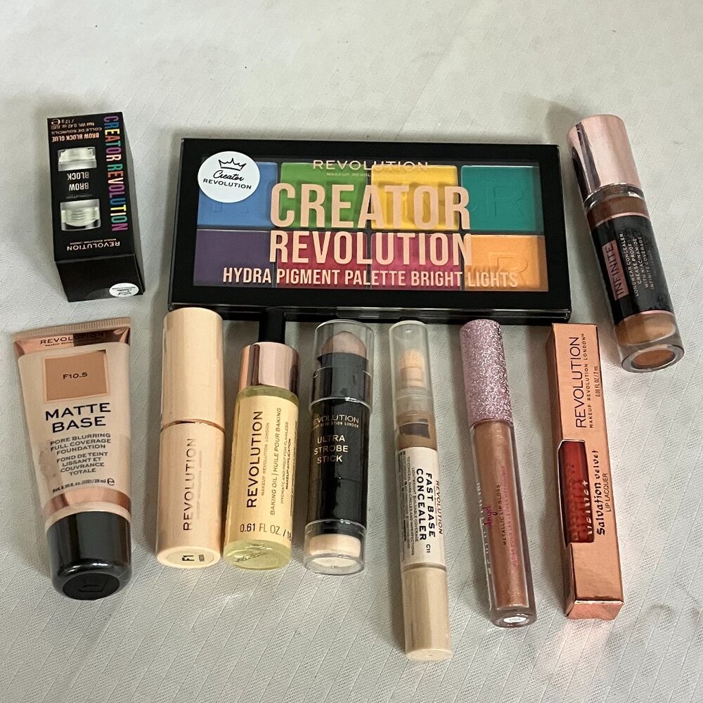 Revolution Makeup Lot Of 10 Foundation Concealer Blush Lipstick Primer & More